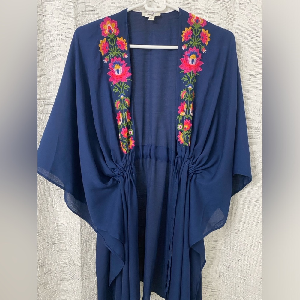 Umgee, Blue, Embroidered, Tie Kimono, Cardigan, Size M/L, Floral, Lightweight